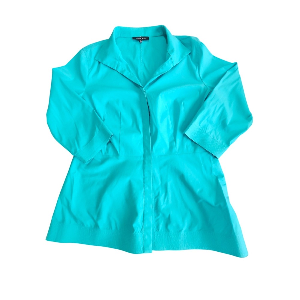 Lafayette 148 Teal Tailored Blouse Womens 8 Turquoise Blue 3/4 Sleeve Peplum